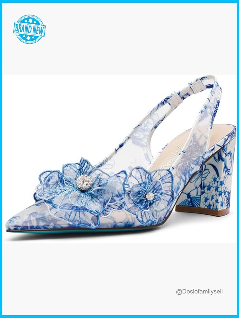 Slingback Pump Pointed Toe Floral Applique Block Heel 3" Lightweight Mesh